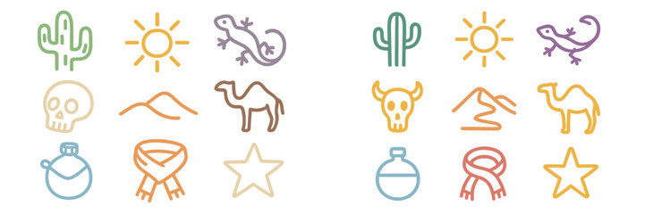 Colorful line art design featuring desert elements, animals, and natural symbols in a fun, modern style