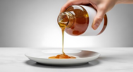 Pouring Honey from a Jar onto a White Plate Natural Sweetener