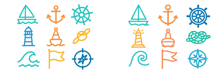 Nautical symbols and icons arranged in a grid pattern with vibrant colors showcasing maritime themes