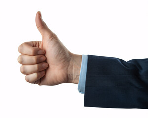 Excellent! Business success and positive feedback with a thumbs up from professional wearing suit on white background