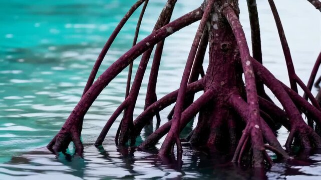 Mangrove Roots Emerging from Turquoise Water in Tropical Coastal Environment at Sunrise