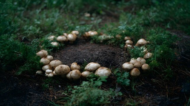 A circular arrangement of wild mushrooms forms a fairy ring on the forest floor