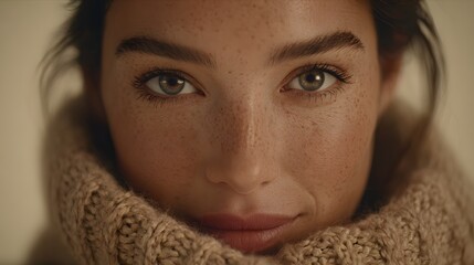Cozy close-up of a beautiful young woman with freckles wearing a warm neutral sweater, perfect for fall fashion or winter wellness campaigns