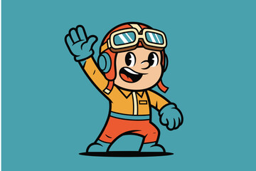 Obraz premium Happy Cartoon Pilot Waving Hand in Retro Style.