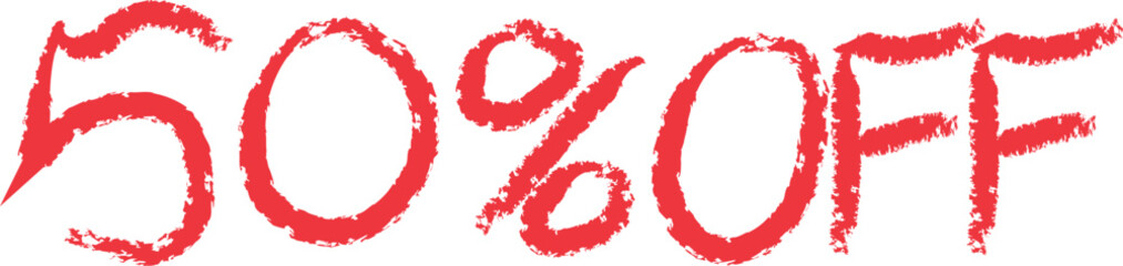 Handwritten fifty percent off sale sign in red paint on white background.
