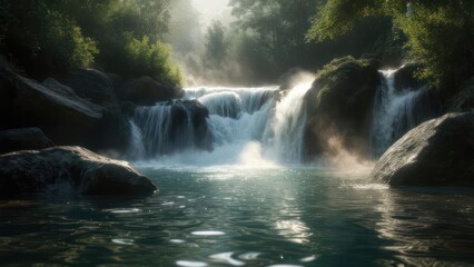 Serene waterfall cascading into a tranquil pool