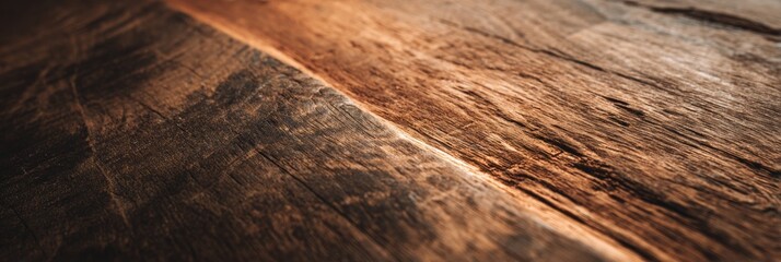 Close-up View of Weathered Wood Surface Highlighting Natural Textures and Tones in Warm Lighting