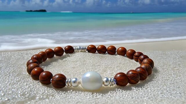 Wooden beaded bracelet with pearl, on beach