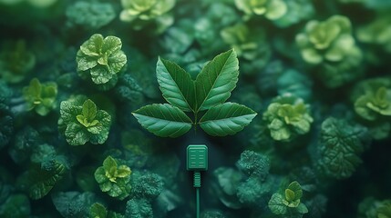 A close up of foliage with a green plug among the plants and leaves
