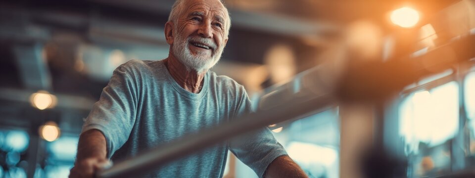Senior Man Engaging in Walking Therapy Using Parallel Bars with Warm Lighting in Rehabilitation Center