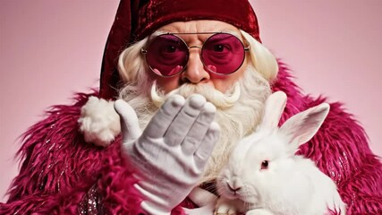 Santa Chic and Bunny Bliss. A modern, stylish Santa Claus figure dressed in a deep red velvet coat with bright pink faux fur trim and matching hat poses against a soft pink backdrop. - Powered by Adobe