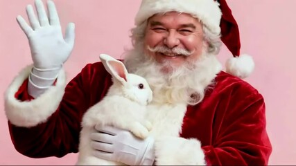 Santa’s Softest Side. A joyful Santa Claus beams with warmth as he waves and cradles a fluffy white rabbit in his arms. Dressed in a classic red velvet suit with white fur trim, matching hat - Powered by Adobe