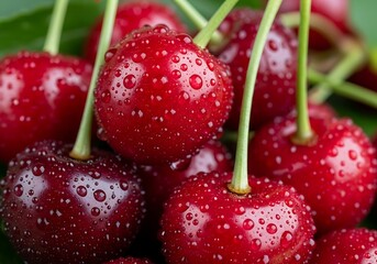 Freshly picked cherries glistening with dewdrops in delightful close-up