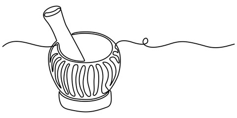 Mortar and Pestle continuous one line drawing minimalism design, Simple illustration of traditional mortar outline art vector illustration. 