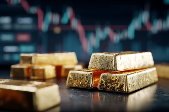 Close-up of gold bars on a trading desk, with a blurred stock market chart in the background, symbolizing financial stability and market volatility.