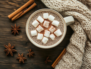 Hot chocolate with marshmallows and star anise on wooden table &mdash; cozy winter drink