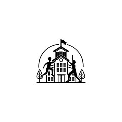 Students Reaching Out in Front of School Building with Flag