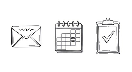 Three outlined icons depicting an email envelope calendar and clipboard with checkmark
