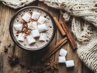 Hot chocolate with marshmallows and star anise on wooden table &mdash; cozy winter drink