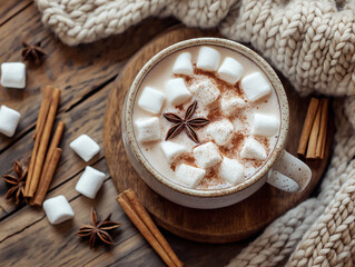 Hot chocolate with marshmallows and star anise on wooden table &mdash; cozy winter drink