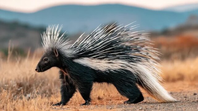 A porcupine walks on a dirt path, its quills raised. Background is blurred fields and a mountain range