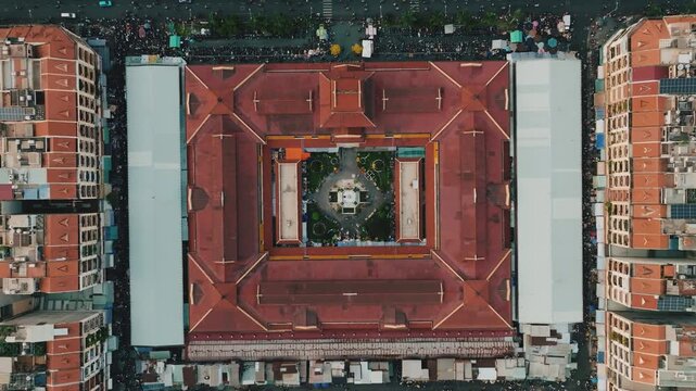 Aerial 4K Drone View of Historic Binh Tay Market Clock Tower, Ho Chi Minh City's Chinatown Landmark
Cholon Chinatown district, showcases a rare blend of traditional Chinese design elements with French