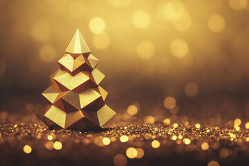 Golden geometric Christmas tree on sparkling background