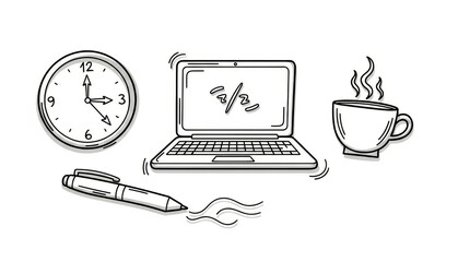 Illustration of laptop, clock, coffee cup, and pen on a white background sketch style