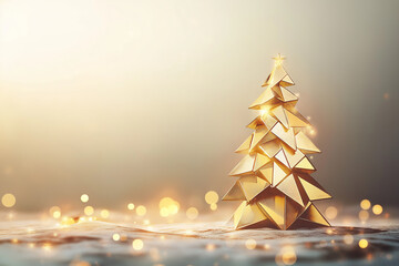 Minimal golden Christmas tree on snow with glowing soft background