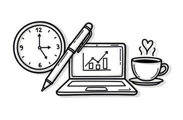 A doodle style illustration of a workspace with a clock, laptop, pen and coffee cup