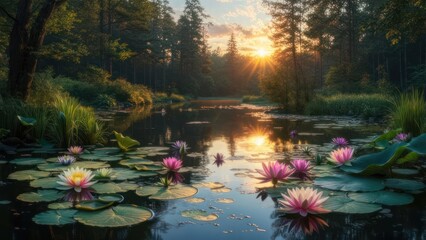 Serene sunset over a lily pond