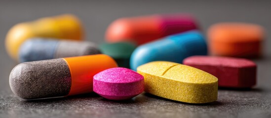 Close-up of colorful pills on a dark surface