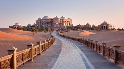 Obraz premium Majestic Desert Palace Pathway Leading Through Golden Sand Dunes at Sunrise