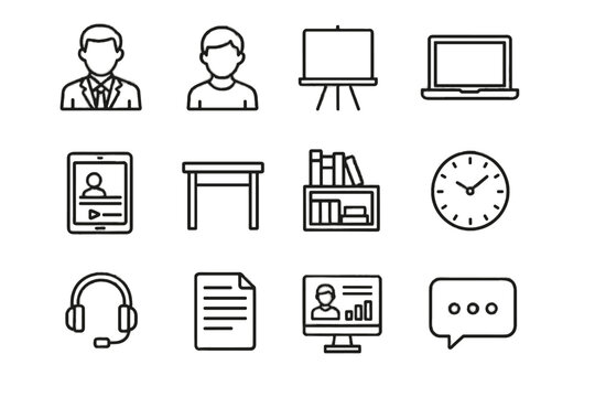 Vector tablet presentation desk icons notes laptop virtual headset teacher classroom icon