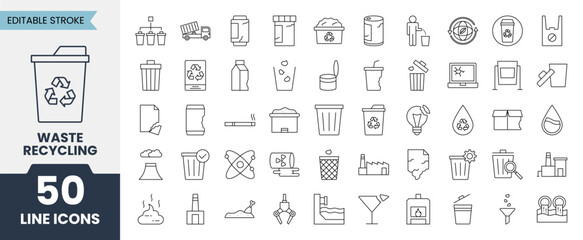 Waste Recycling line icons set. Editable stroke. Vector illustration
