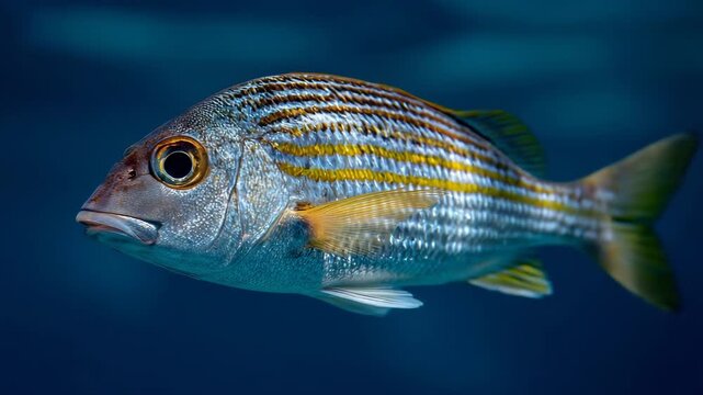 A beautiful snapper fish swims in the deep blue ocean water