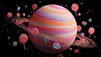 A colorful planet surrounded by a ring system, filled with lollipop-shaped candy floating in space