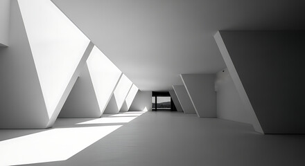Obraz premium Wide-angle architectural shot of a modern interior with entirely white walls and ceilings, emphasized by strong diagonal shadow lines creating geometric shapes.