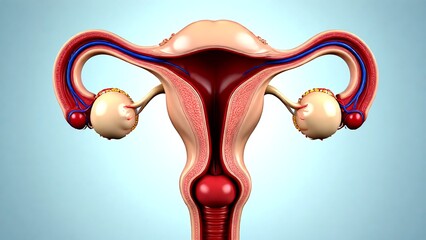 Anatomical illustration of the female reproductive system showcasing the uterus, ovaries, and fallopian tubes, presented in a clear, detailed, and educational medical graphic
