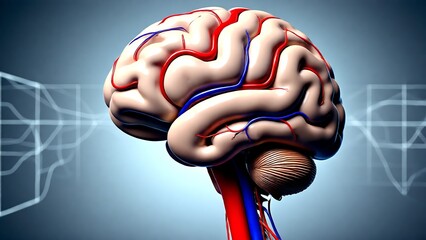 High-detail 3D render of the human brain showcasing the intricate circulatory system with arteries and veins, a detailed anatomical model for neuroscience and medical illustration