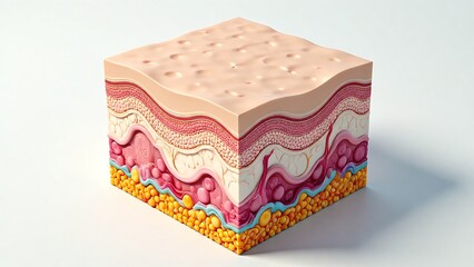 A detailed 3D medical illustration of a human skin cross-section, revealing the intricate layers of the epidermis, dermis, and subcutaneous fatty tissue in a block model