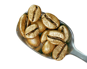 Golden coffee beans in a spoon isolated on transparent background. The concept of luxury and originality. 