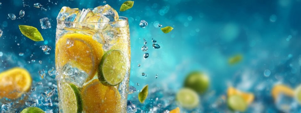 Refreshing Lemonade with Citrus Slices and Ice Chunks in a Glass Against a Vibrant Blue Background