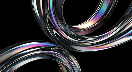Iridescent chrome rings on black background, glossy abstract curved metallic loops, 3D render