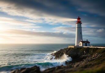 Obraz premium Coastal Beacon: A serene lighthouse stands tall against the ocean's expanse at dusk providing guidance