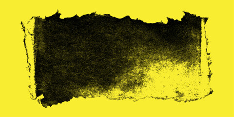 Grunge black rectangular texture on yellow background with distressed rough edges for abstract design or poster art.