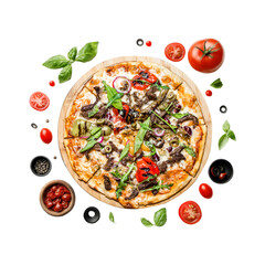 Classic Pepperoni Pizza with Fresh Basil and Olives Transparent Background PNG Food Image for Restaurant Websites, Menus, and Print Advertisement