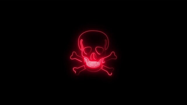Neon danger icon concept 4k animation video . Warning skull symbol. Death attention, and danger parson icon. emergence and fading. Glowing neon jolly roger sign, looped animation. Pirate skull emoji, 
