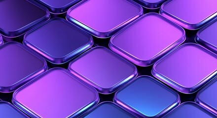 Seamless Abstract Grid Pattern of Glossy Purple and Blue Rounded Squares Background Texture.