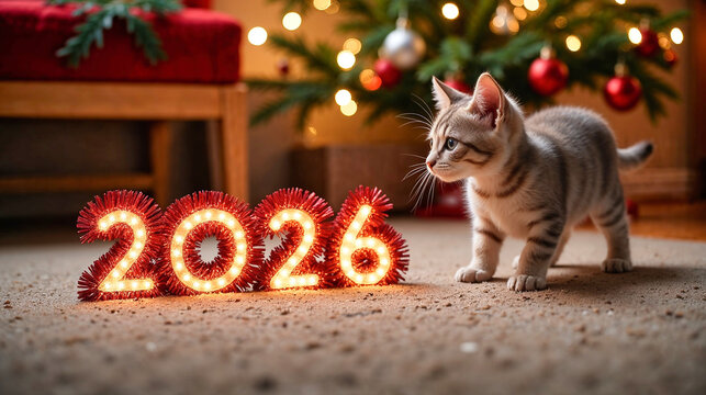 Striped kitten beside illuminated 2026 numbers with festive Christmas lights. Kitten explores cozy scene with sparkling decorations, creating charming holiday atmosphere.